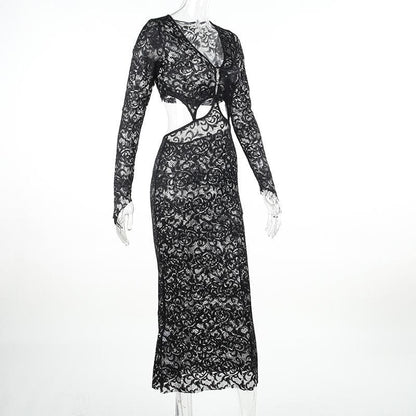 Deep V Neck Lace Long Sleeve Waist Cutout Floor Length Maxi Dress