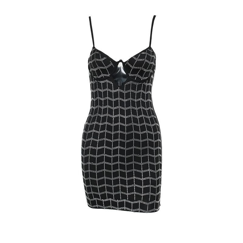 Rhinestone Grid Pattern Sweetheart Neck Cutout Bodycon Mini Dress