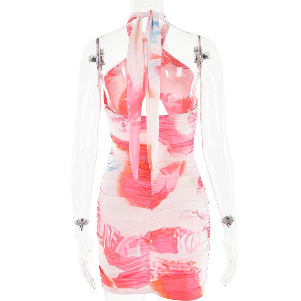 Halter Neck Flower Applique Cutout Cross Front Ruched Bodycon Mini Dress