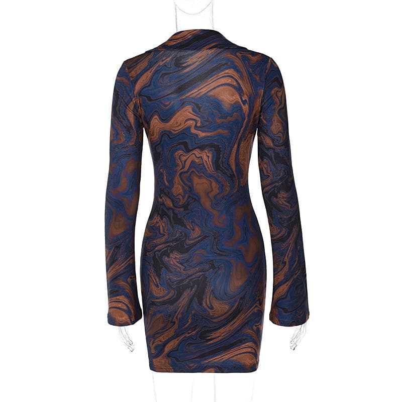 Pointed Collar Plunging V Neck Chain Link Marble Print Bodycon Mini Dress