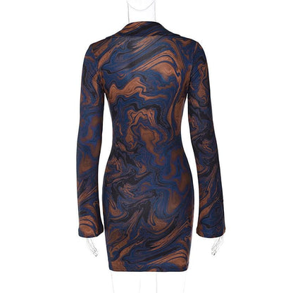 Pointed Collar Plunging V Neck Chain Link Marble Print Bodycon Mini Dress
