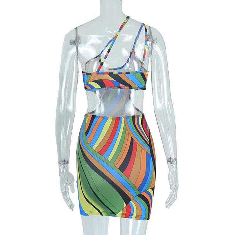 Asymmetrical Strap Oval Waist Cutout Abstract Swirl Print Bodycon Mini Dress
