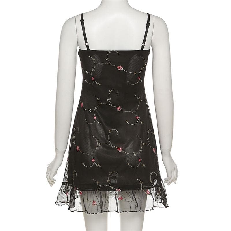 Flower Embroidery Mesh Ruffle Backless Cami Mini Dress