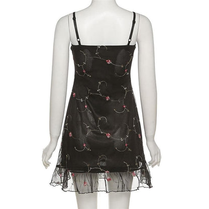 Flower Embroidery Mesh Ruffle Backless Cami Mini Dress