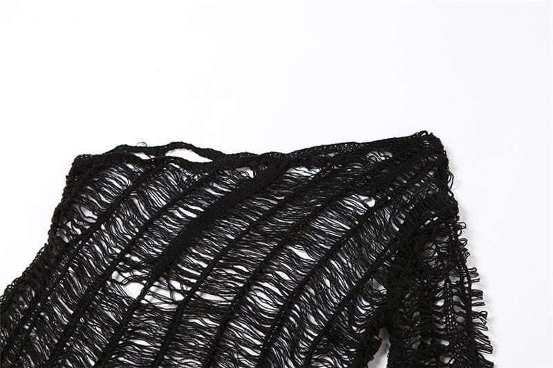 One Shoulder Open Knit Distressed Ladder Knit Maxi Dress