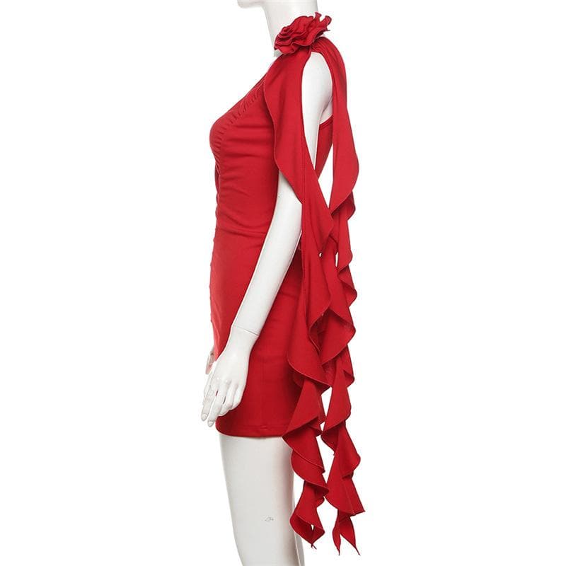One Shoulder Rosette Ruffle Cascade Ruched Bodycon Mini Dress