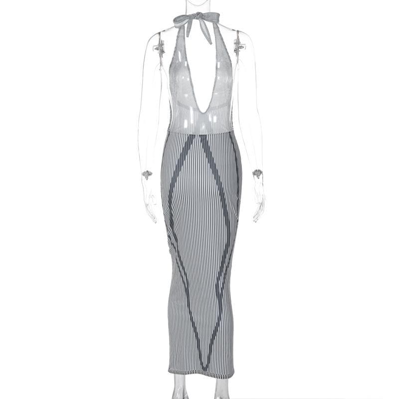 Pinstripe Plunge Halter Lace Trim Geometric Bodycon Maxi Gown