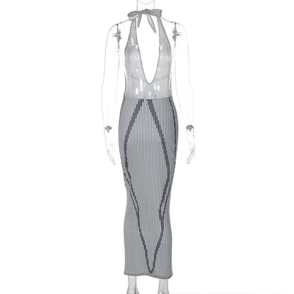 Pinstripe Plunge Halter Lace Trim Geometric Bodycon Maxi Gown