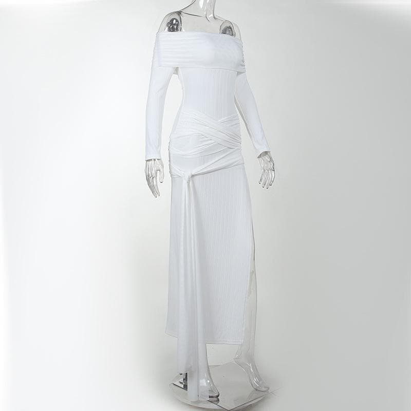 Off-Shoulder Cross Front Self-Tie High Slit Maxi Dress