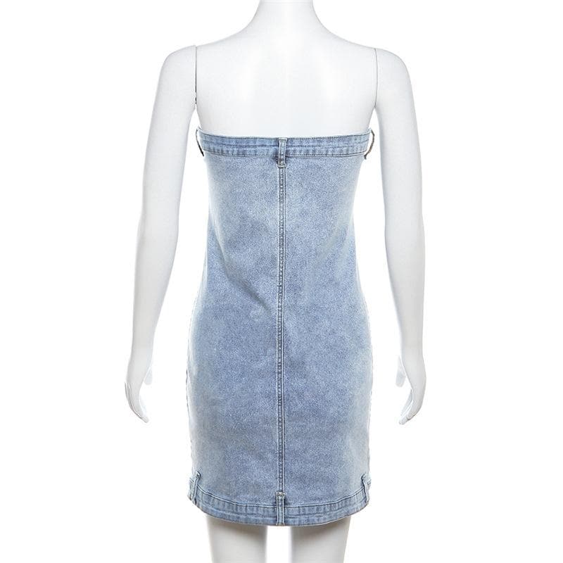 Strapless Reconstructed Waistband Denim Bodycon Mini Dress