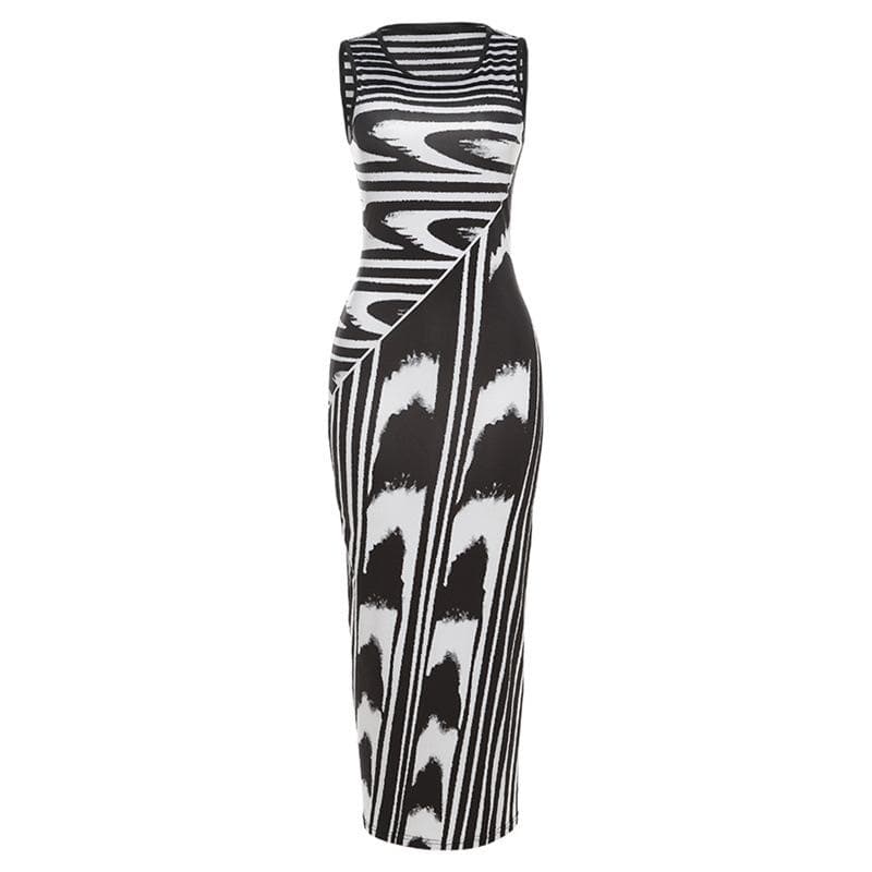 Abstract Graphic Stripe Boat Neck Sleeveless Bodycon Maxi Dress