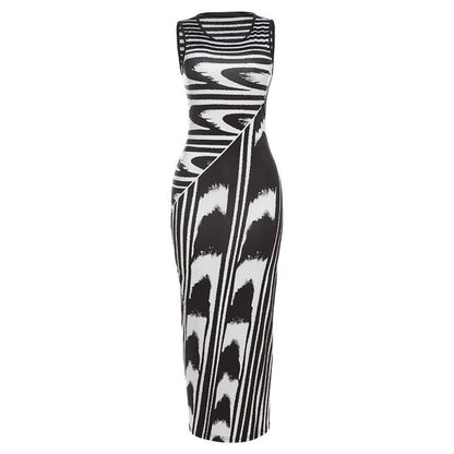 Abstract Graphic Stripe Boat Neck Sleeveless Bodycon Maxi Dress
