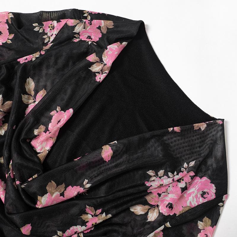 Cowl Neck Floral Mesh Long Sleeve Bell Cuff Ruched Bodycon Mini Dress