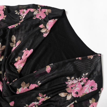 Cowl Neck Floral Mesh Long Sleeve Bell Cuff Ruched Bodycon Mini Dress