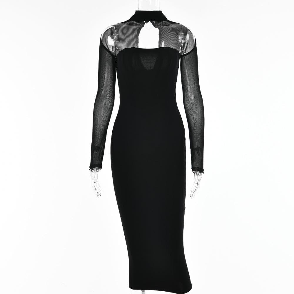 Choker Neck Chest Cutout Mesh Sleeve Zip Up Bodycon Midi Dress