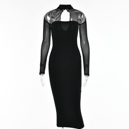 Choker Neck Chest Cutout Mesh Sleeve Zip Up Bodycon Midi Dress