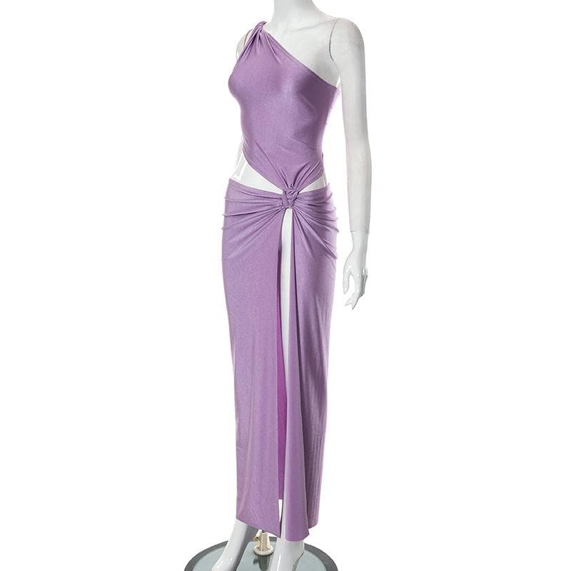 One Shoulder Knotted Waist Side Cutout Ruched High Slit Floor Length Maxi Dress