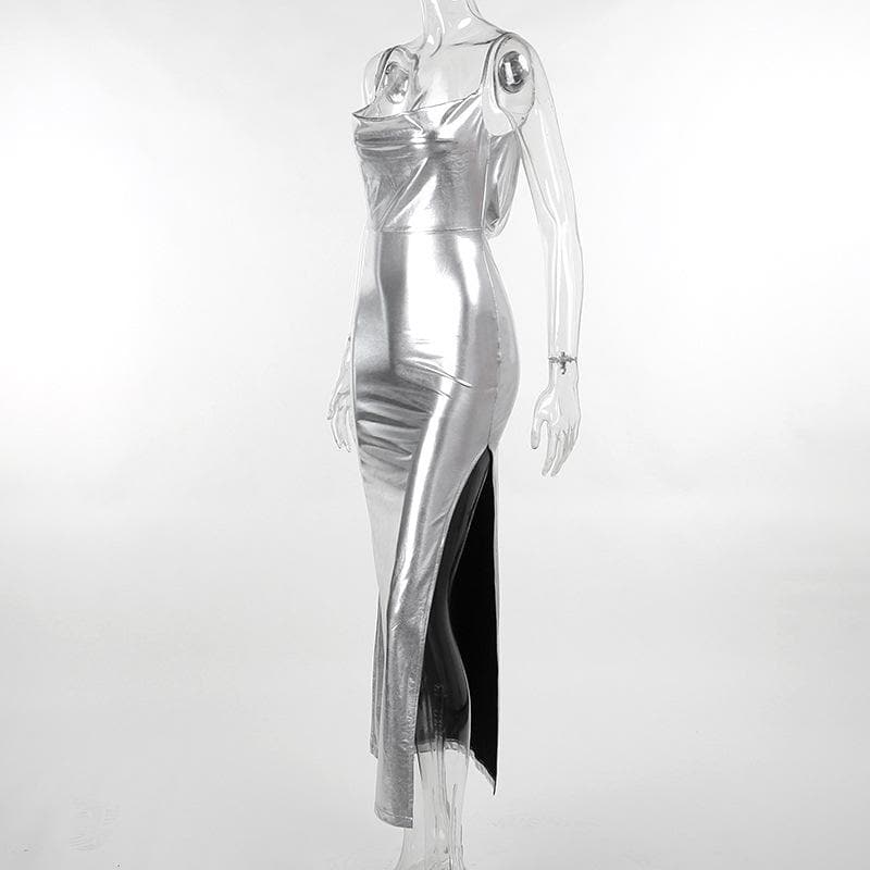 Metallic Cowl Neck Spaghetti Strap Open Back Slit Bodycon Maxi Dress