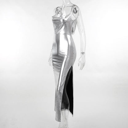 Metallic Cowl Neck Spaghetti Strap Open Back Slit Bodycon Maxi Dress