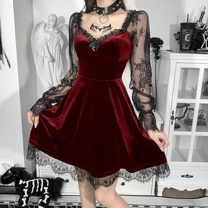 Sweetheart Velvet Bodice Lace Puff Sleeve Ruffle Hem Mini Dress