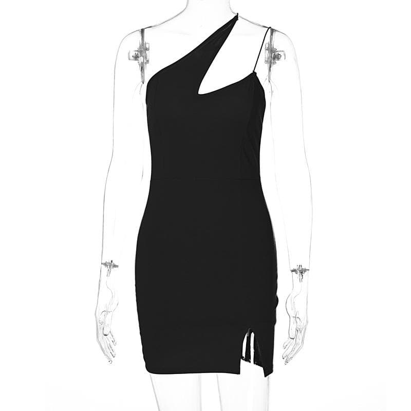 Asymmetric Strap Chest Cutout Spaghetti Strap Side Slit Mini Dress