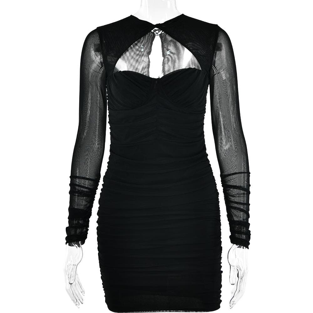 Twist Neck Mesh Sleeve Chest Cutout Ruched Bodycon Mini Dress