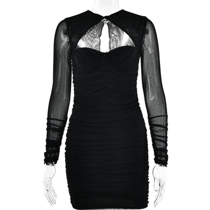 Twist Neck Mesh Sleeve Chest Cutout Ruched Bodycon Mini Dress