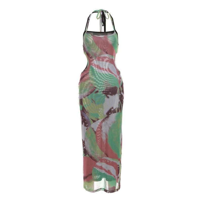 Abstract Print Halter Mesh Inset Side Cutout Bodycon Maxi Dress