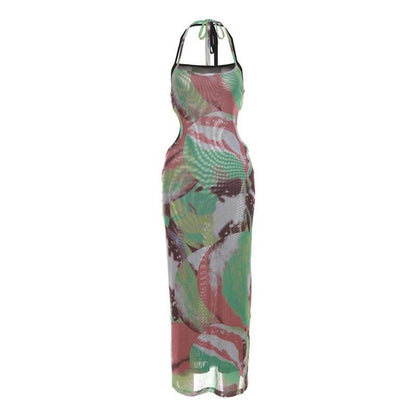 Abstract Print Halter Mesh Inset Side Cutout Bodycon Maxi Dress