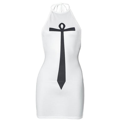 Halter Abstract Cross Tie Graphic Bodycon Mini Dress
