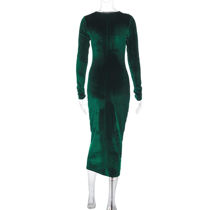 Crew Neck Ruched Velvet Long Sleeve Bodycon Midi Dress