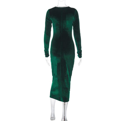 Crew Neck Ruched Velvet Long Sleeve Bodycon Midi Dress