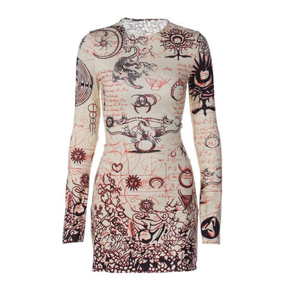 Crew Neck Bell Cuff Mystical Tapestry Print Bodycon Mini Dress