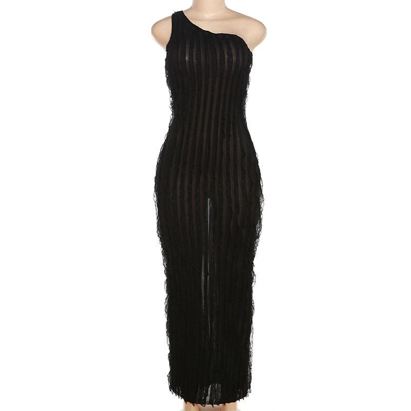 One Shoulder Vertical Ruffle Lettuce Edge Sheer Bodycon Dress