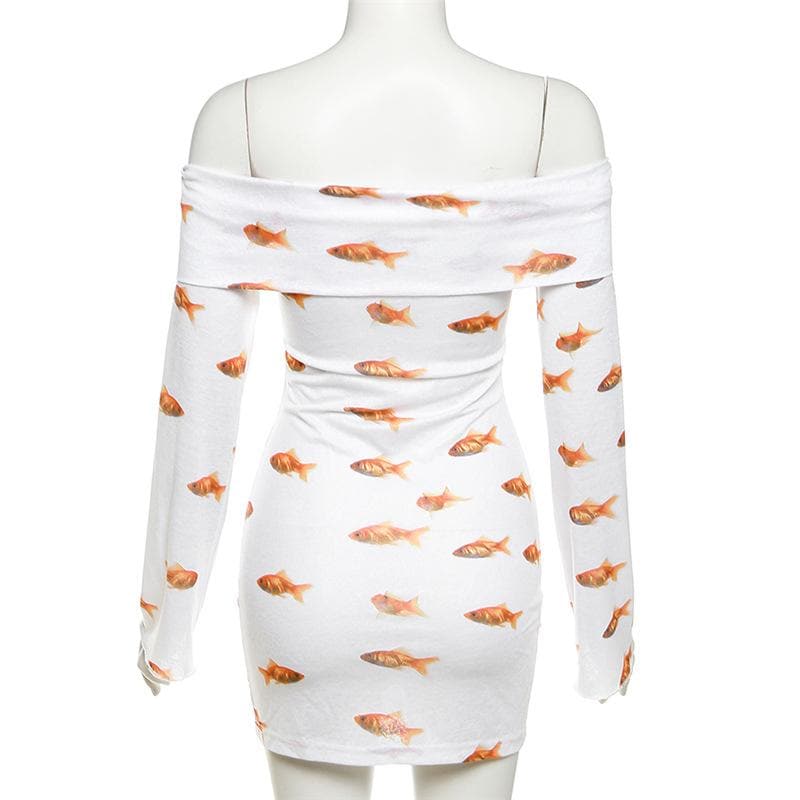 Off Shoulder Foldover Collar Goldfish Print Long Sleeve Bodycon Mini Dress