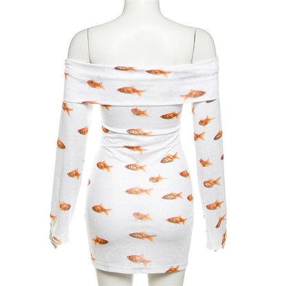 Off Shoulder Foldover Collar Goldfish Print Long Sleeve Bodycon Mini Dress