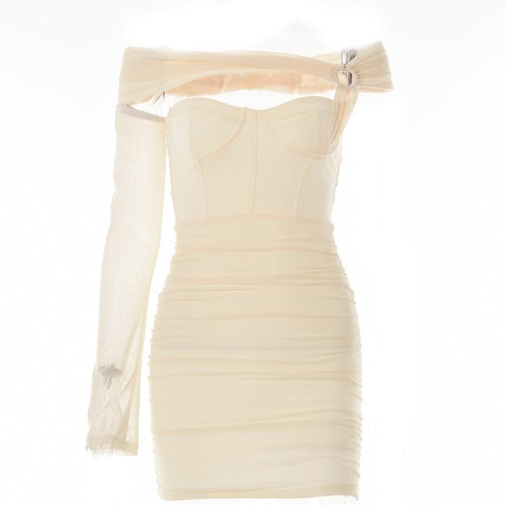 One Shoulder O Ring Hollow Out Mesh Backless Bodycon Mini Dress