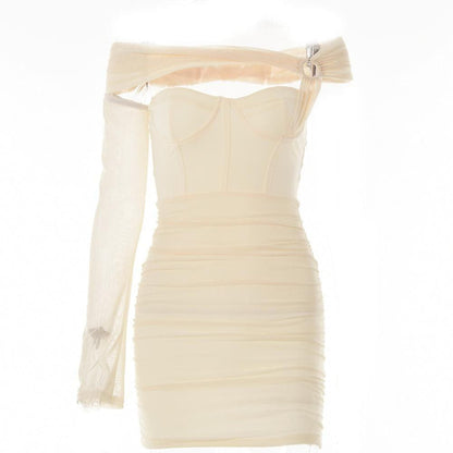 One Shoulder O Ring Hollow Out Mesh Backless Bodycon Mini Dress