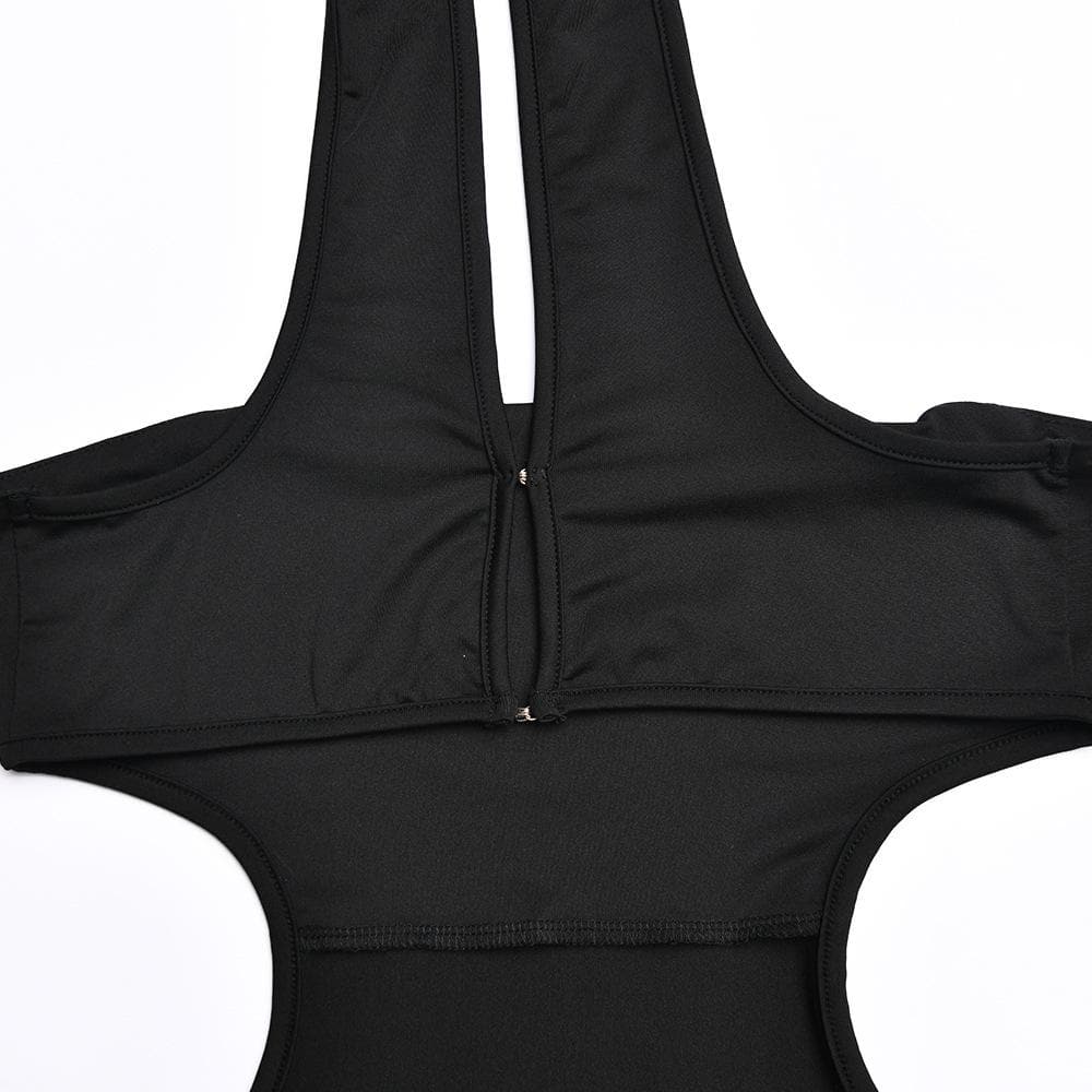 Halter Choker Waist Cutout Mesh Panel Thumbhole Sleeve Maxi Dress Set