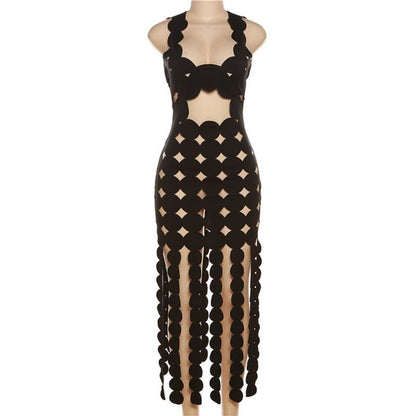 Scalloped Cutout Diamond Pattern High Slit Fringe Hem Sleeveless Maxi Dress