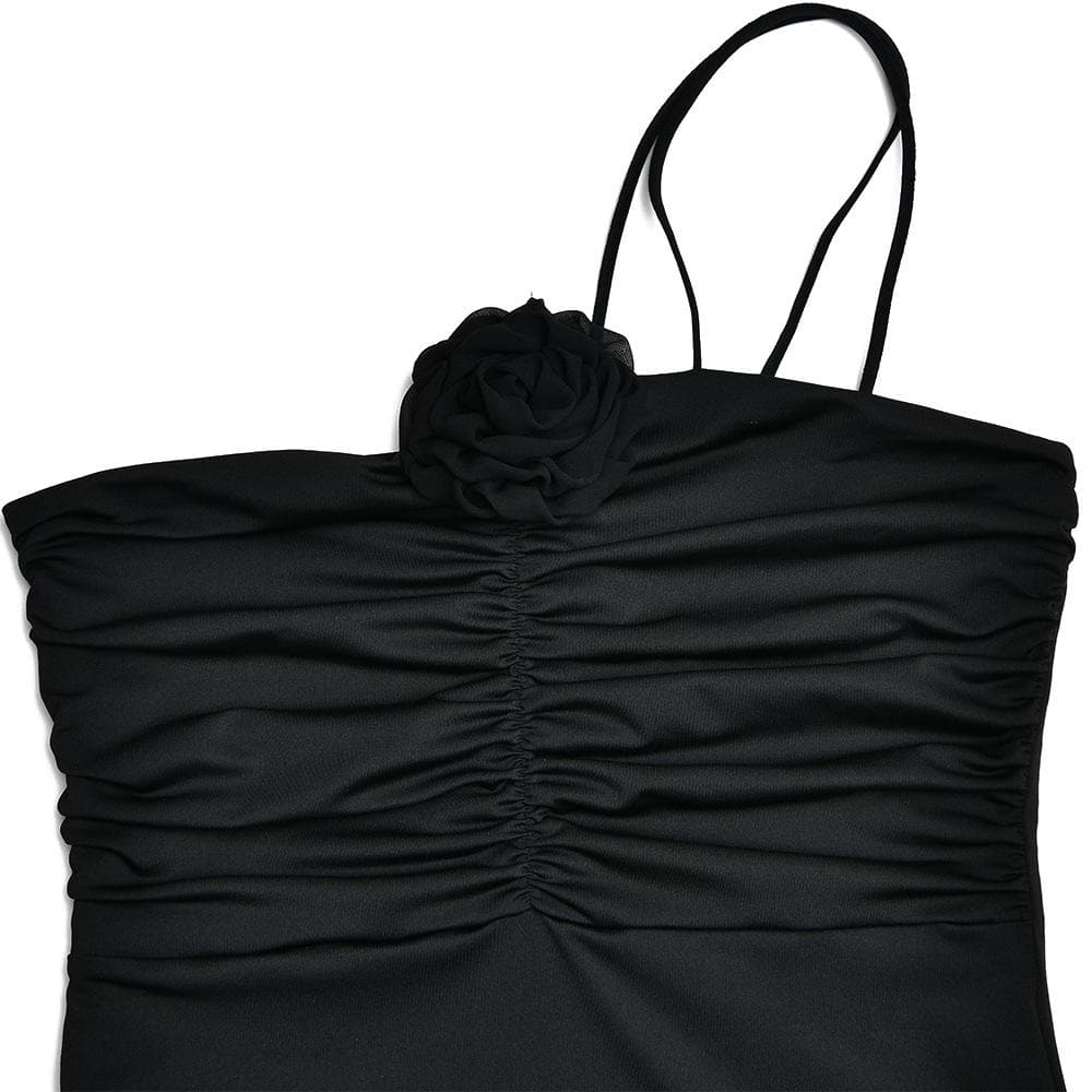 One Shoulder Flower Applique Ruched Zip Maxi Dress