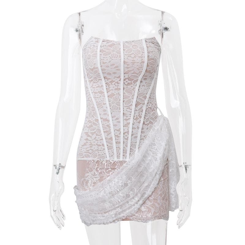 Floral Lace Strapless Corset Boning Draped Wrap Mini Dress