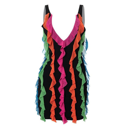 Contrast Ruffle V Neck Sleeveless Backless Mini Dress
