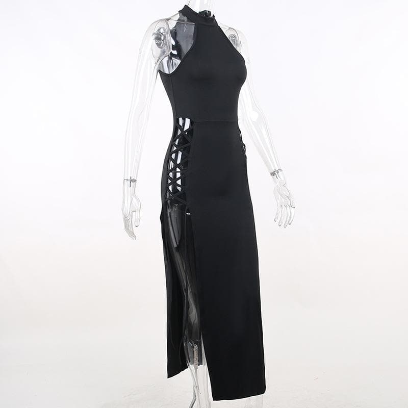Halter Neck Side Lace Up Bow Tie High Slit Bodycon Midi Dress