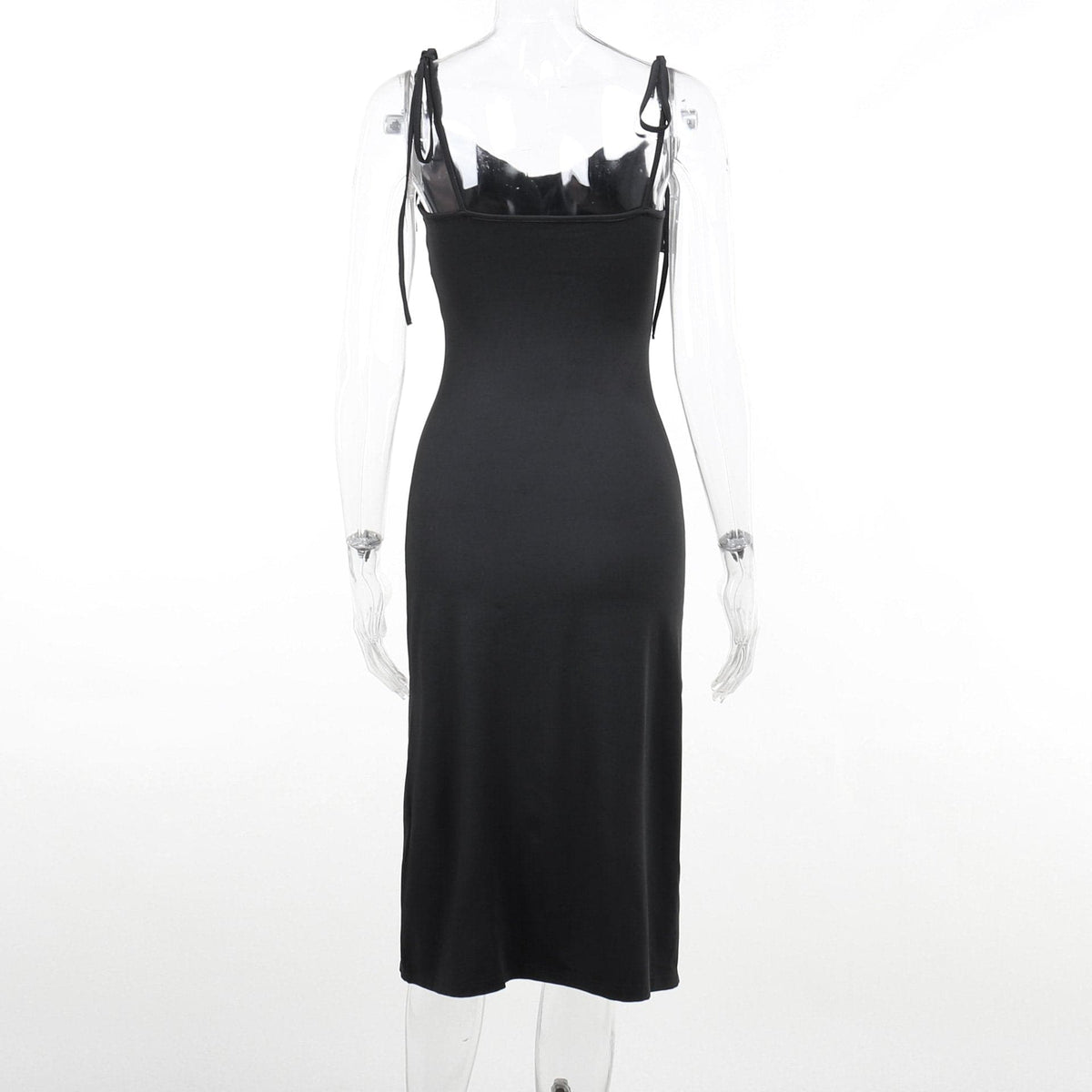 Cowl Neck Self Tie Spaghetti Strap Side Slit Bodycon Midi Dress