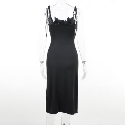 Cowl Neck Self Tie Spaghetti Strap Side Slit Bodycon Midi Dress