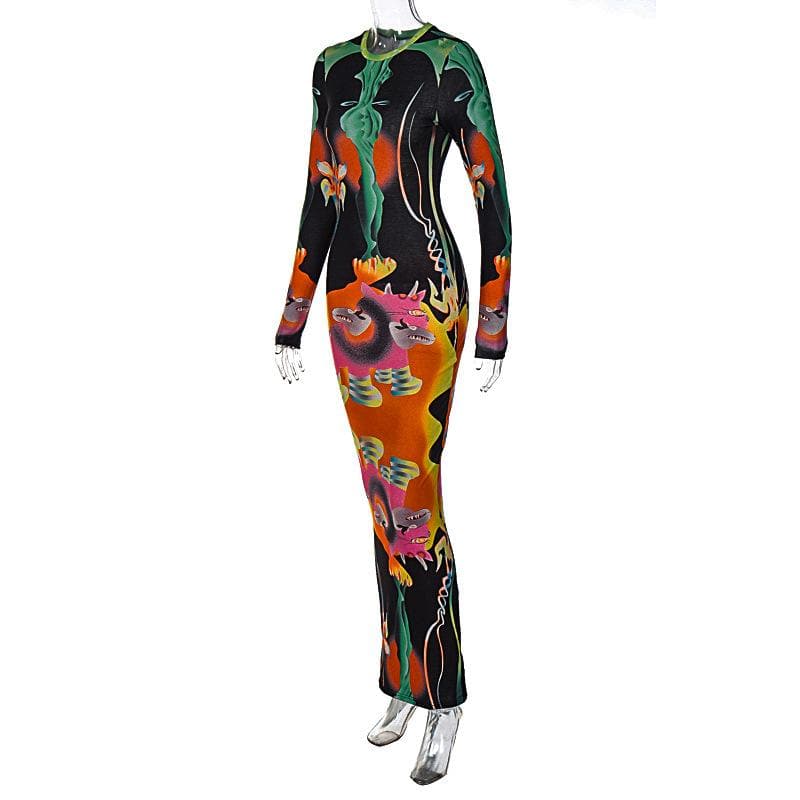 Crew Neck Long Sleeve Psychedelic Graphic Print Bodycon Maxi Dress