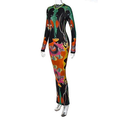 Crew Neck Long Sleeve Psychedelic Graphic Print Bodycon Maxi Dress