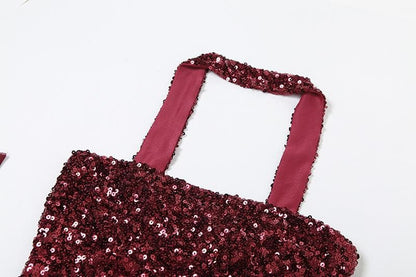 Sequin Strapless Tube Mesh Gloves Choker Backless Mini Dress