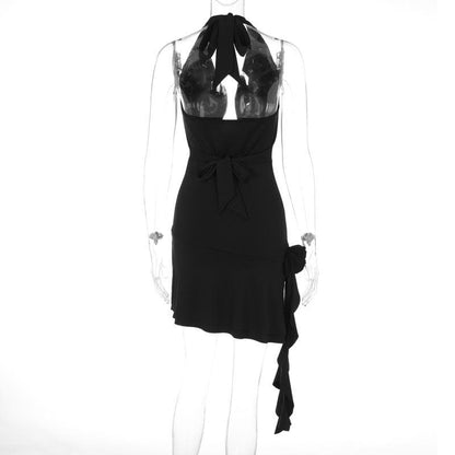 Cowl Neck Halter Ruffle Trim Side Cascade Backless Mini Dress